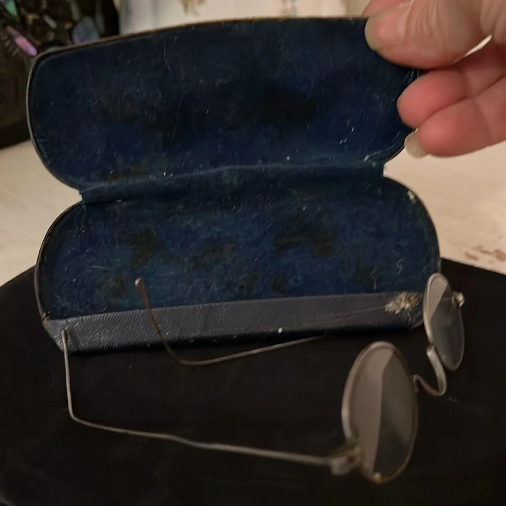Antique metal wire rimmed eyeglasses and case